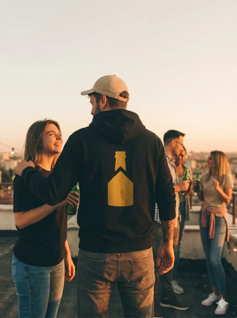 Czarna bluza męska typu streetwear z dużym haftem logo strefy piwowara na plecach.